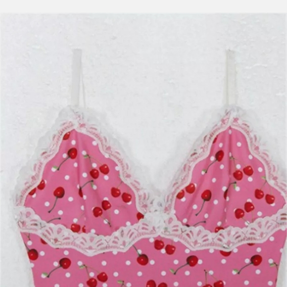 🍒 Pink Cherry & White Polka Dot Dress W/Lace (L) - Picture 7 of 10